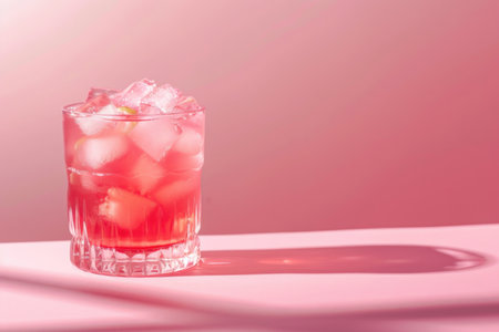 Cocktail with ice cubes in a glass on a pink backgroundの素材