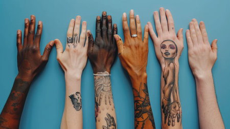Hands of diverse tattooed people over blue background, top viewの素材