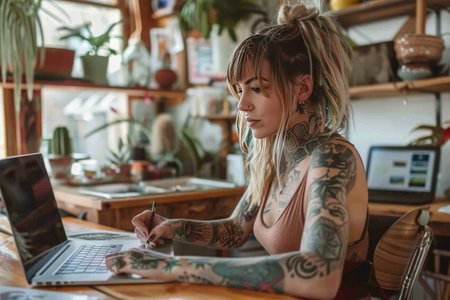 Portrait of a tattooed woman sitting at a table with a laptopの素材
