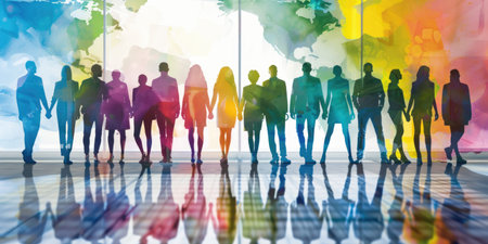 Silhouettes of business people in front of a world map backgroundの素材