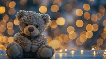 Teddy bear with christmas lights bokeh background. Holiday concept.の素材