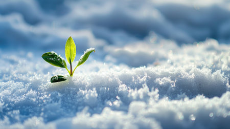 Green sprout growing through the snow. Ecology concept. Nature backgroundの素材