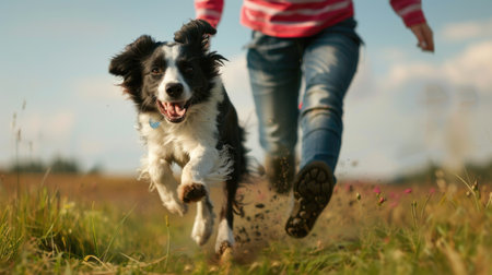 Funny portrait of cute smiling puppy border collie running outdoors. Young woman playing with her dog in summer field. Pet care and animals conceptの素材