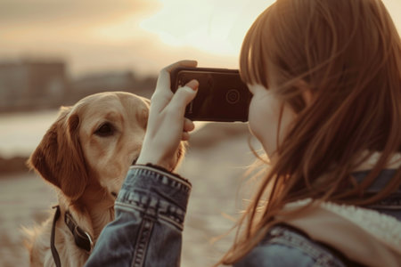 Young woman taking a picture with her dog on the beach at sunsetの素材