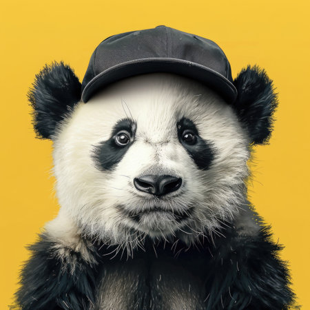 Portrait of a panda in a cap on a yellow backgroundの素材