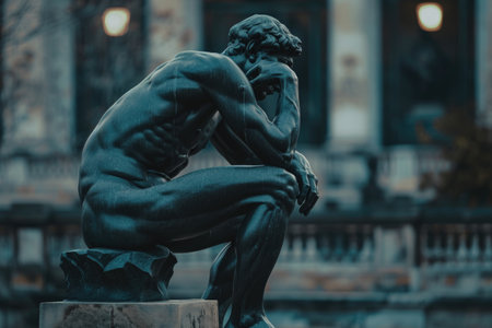 Statue of a man sitting on a stone in Paris, Franceの素材