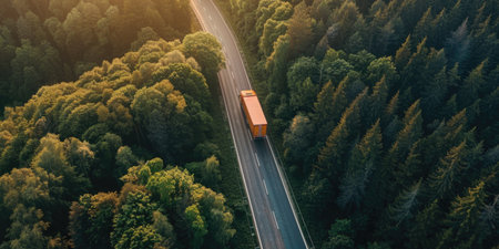 Aerial view of a truck driving on the road in the forestの素材