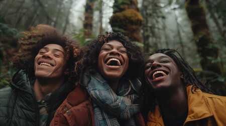 Group of african american friends having fun in the forest. They are laughingの素材