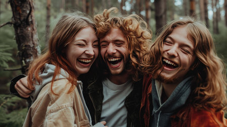 Cheerful group of friends laughing and looking at camera in forestの素材