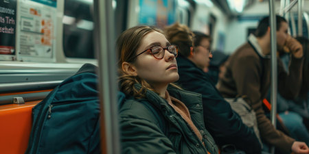 Young woman in eyeglasses looking away while sitting in public transportの素材