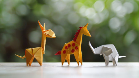 Paper origami elephant and kangaroos with bokeh backgroundの素材