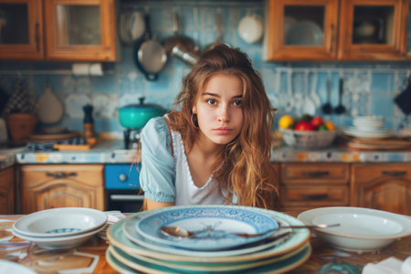 Portrait of a beautiful girl with long hair in the kitchen.の素材