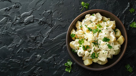 Potato salad with chicken and cream sauce in a bowl on a black slate, stone or concrete background.Top view with copy space.の素材