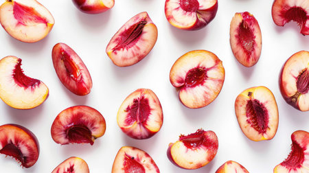 Peach slices isolated on white background. Flat lay, top viewの素材