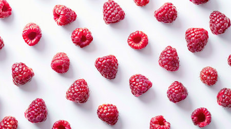 Ripe raspberries on white background. Flat lay, top viewの素材