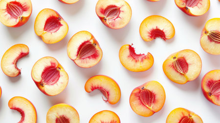 Slices of fresh ripe peach on white background, top viewの素材