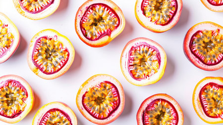 Passion fruit on white background. Flat lay, top view.の素材