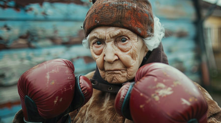 Portrait of an elderly woman in boxing gloves. The concept of a healthy lifestyle.の素材