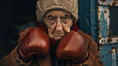 Portrait of an elderly woman with boxing gloves in the street.の素材