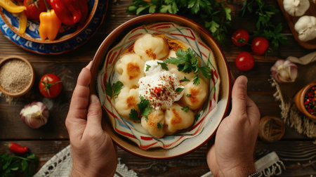 Traditional Georgian dumplings khinkali with minced meat and cheese in a bowl on a wooden backgroundの素材