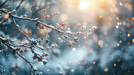Winter background with snow covered tree branches and bokeh lights.の素材