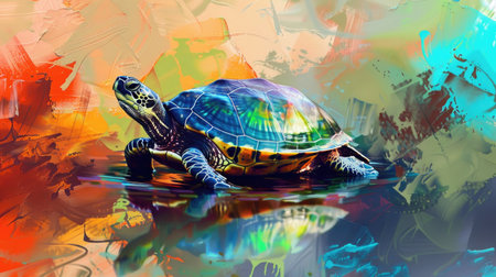 Turtle in the water. Digital painting. Colorful background.の素材