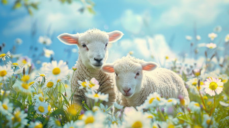 Cute lambs in a meadow with daisies.の素材