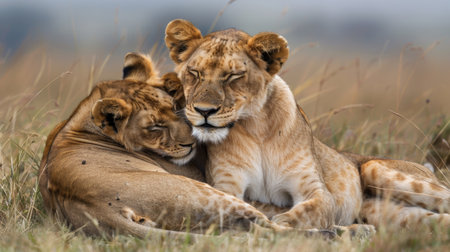 Lioness and lion cubs lying together in Serengeti National Park, Tanzaniaの素材