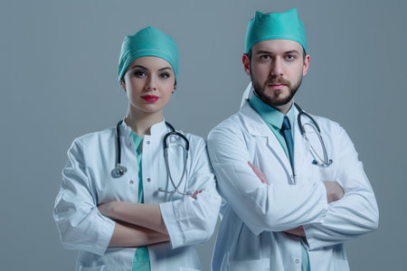 Portrait of two male and female doctors in white coats and hatsの素材