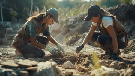 Two young women are digging a hole in the ground, they are looking at the soil.の素材