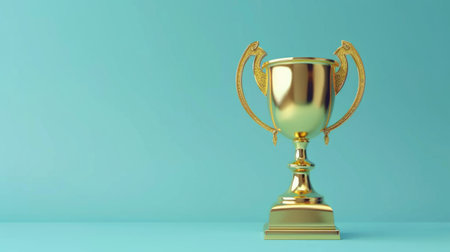 3d rendering of golden trophy cup on blue background with copy spaceの素材