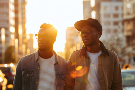 Two African American men in the city at sunset. Fashionable young men.の素材