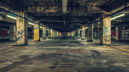 Abandoned underground car parking lot with graffiti on the walls.の素材