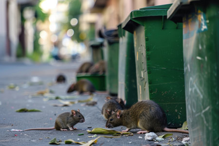 A group of rats in a trash can on a city street.の素材