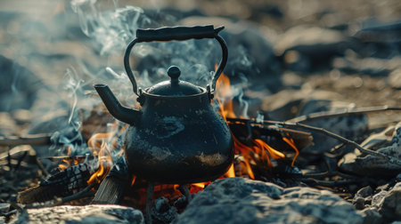 Kettle on a campfire in the mountains. Picnic in nature.の素材