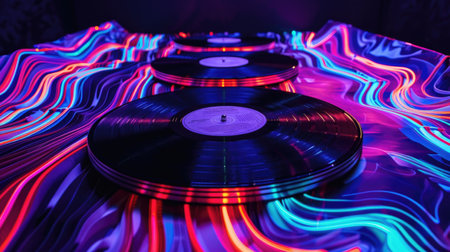 Vinyl record player in nightclub with colorful neon lights. Close up.の素材
