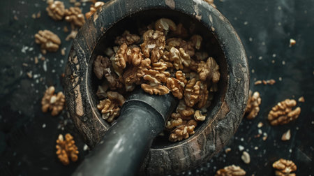 Walnut kernels in a mortar on a dark rustic background.の素材