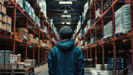Rear view of a male warehouse worker standing in warehouse. This is a freight transportation and distribution warehouse. Industrial and industrial workers conceptの素材