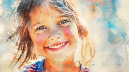 Portrait of a smiling little girl with long hair against abstract painted backgroundの素材