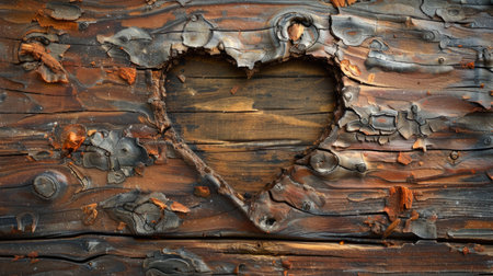 Wooden heart on the background of an old wooden wall. Valentine's Dayの素材