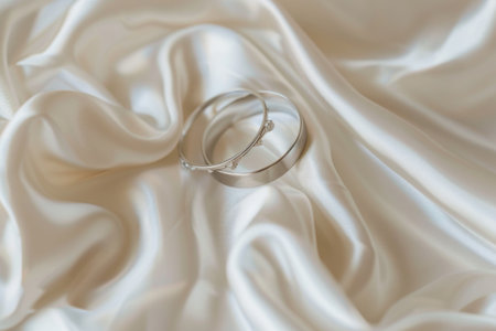 Wedding rings on a white satin background, close upの素材