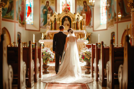 Wedding couple in the church. Bride and groom at the altarの素材