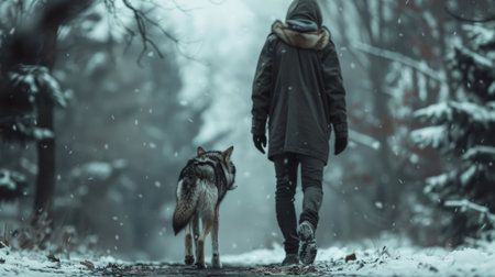 Young woman walking with a dog in the winter forest. Snowfall.の素材