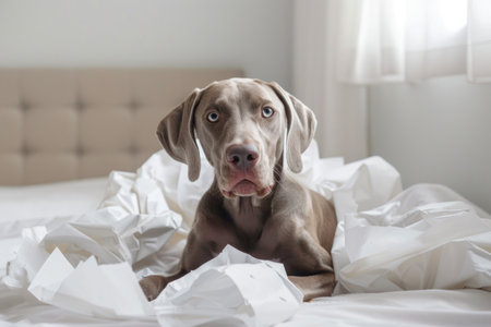 Cute Weimaraner puppy playing with crumpled paper on bedの素材
