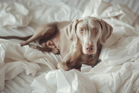 Weimaraner puppy lying on a bed with white sheets.の素材