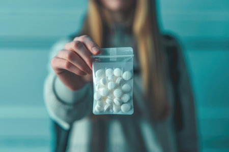 Close up of a woman holding a pack of white marshmallowsの素材