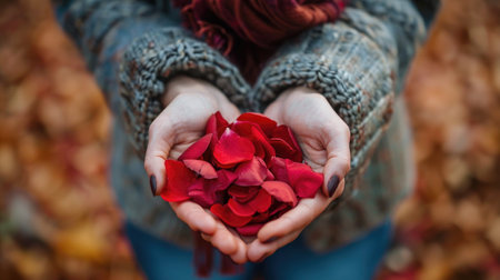 Female hands holding red rose petals in heart shape on autumn backgroundの素材