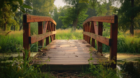 Wooden bridge over the river in the park. Nature background.の素材