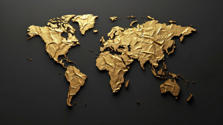 Gold map of the world on black background. 3D illustration.の素材