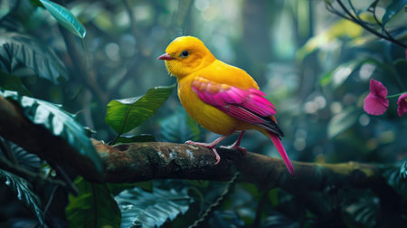 Yellow and pink bird on a branch in the rainforest of Thailandの素材